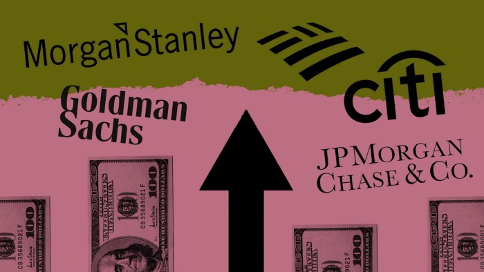 Logos of Morgan Stanley, Goldman Sachs, Bank of America, Citi, and JPMorgan Chase are arranged around a large upward-pointing arrow.