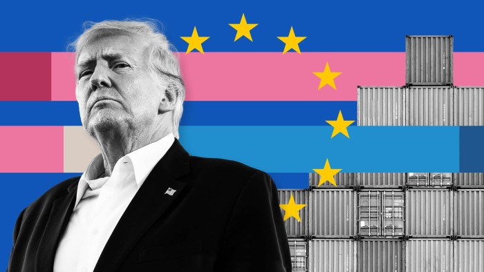 A montage of the image of Donald Trump, the EU flag and shipping containers